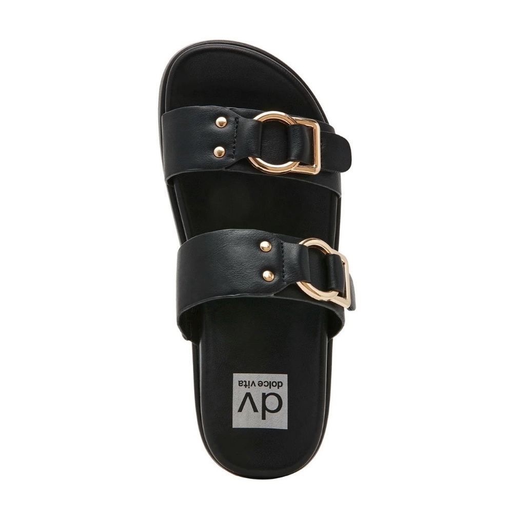 Dolce Vita Black Sandals with Gold Buckles